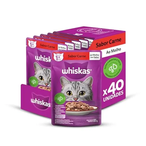 Pack De Rao mida Whiskas Sach Carne Ao Molho Para Gatos Adultos, 40 Sachs De 85 G